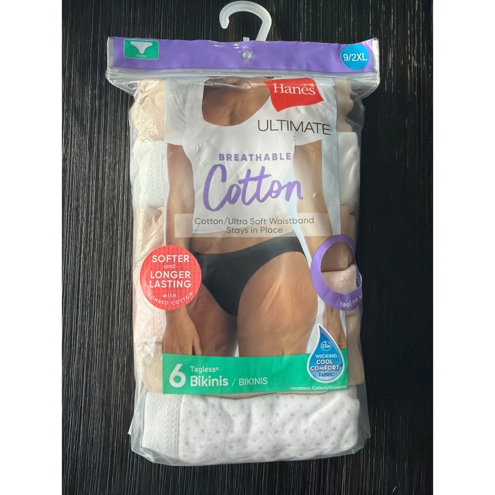 Hanes Ultimate Cotton 6 Pack Tagless Womens Bikini Panties Breathable Size 9 2XL